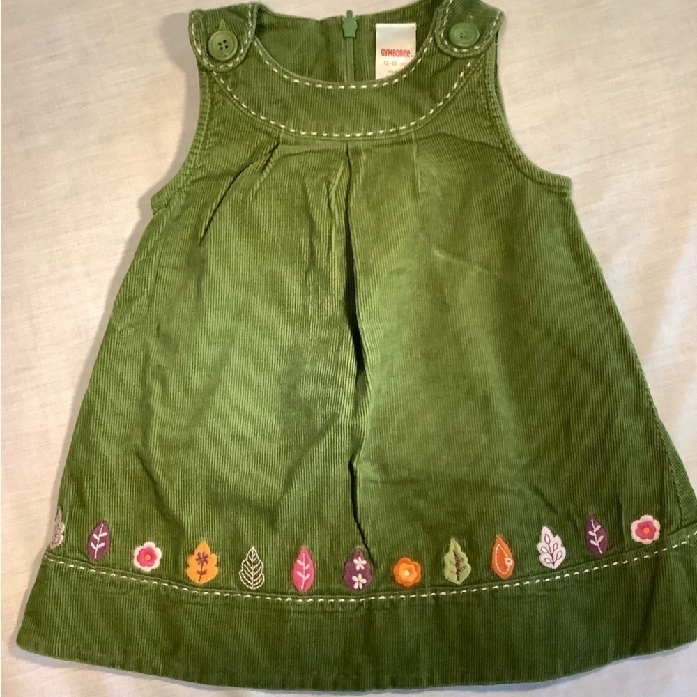 GYMBOREE “Fall Leaves & Flowers” green corduroy dress. Size 12-18 months.